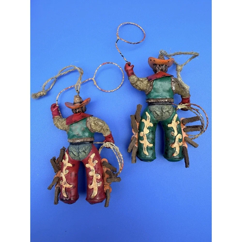 Vintage Cowboy Christmas Ornaments Set 5 Western Rodeo Lasso Suede Chaps